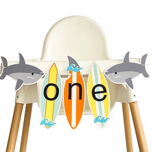 Shark First Birthday High Chair Banner, Surf Theme Party Decoration