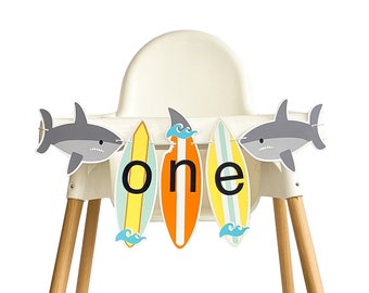 Shark First Birthday High Chair Banner, Surf Theme Party Decoration