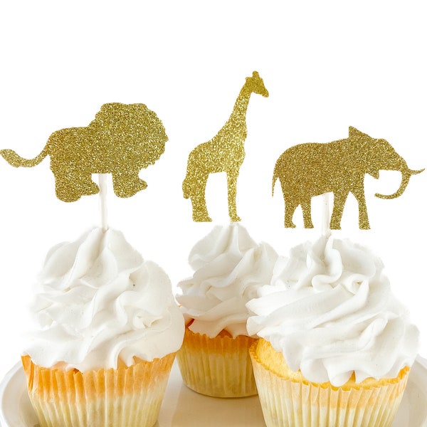 Gold Safari Animal Cupcake Toppers -Set of 12, Safari Theme Shower Decorations, Jungle Theme Birthday Party, Wild One Party Picks