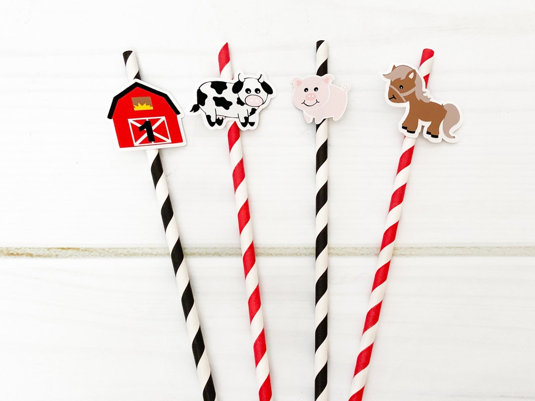 Set of 12 Farm Animal Party Straws, Cow Straws, Barnyard Straws, Pig