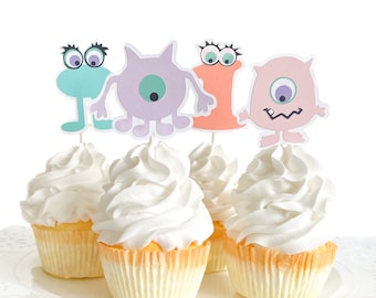 Pastel Monster Cupcake Toppers Set of 12, Little Monster Birthday Party, Monster Mash Party, Personalized with Age Cupcake Toppers