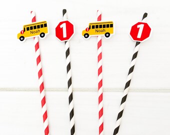 School Bus Party Straws: Personalized Birthday Decorations, Set of 12