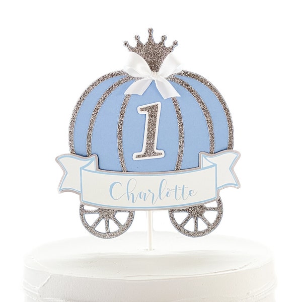 Personalized Princess Cake Topper, Blue and Silver Princess Carriage First Birthday Party, Royal Princess Girl 1st Birthday Decor