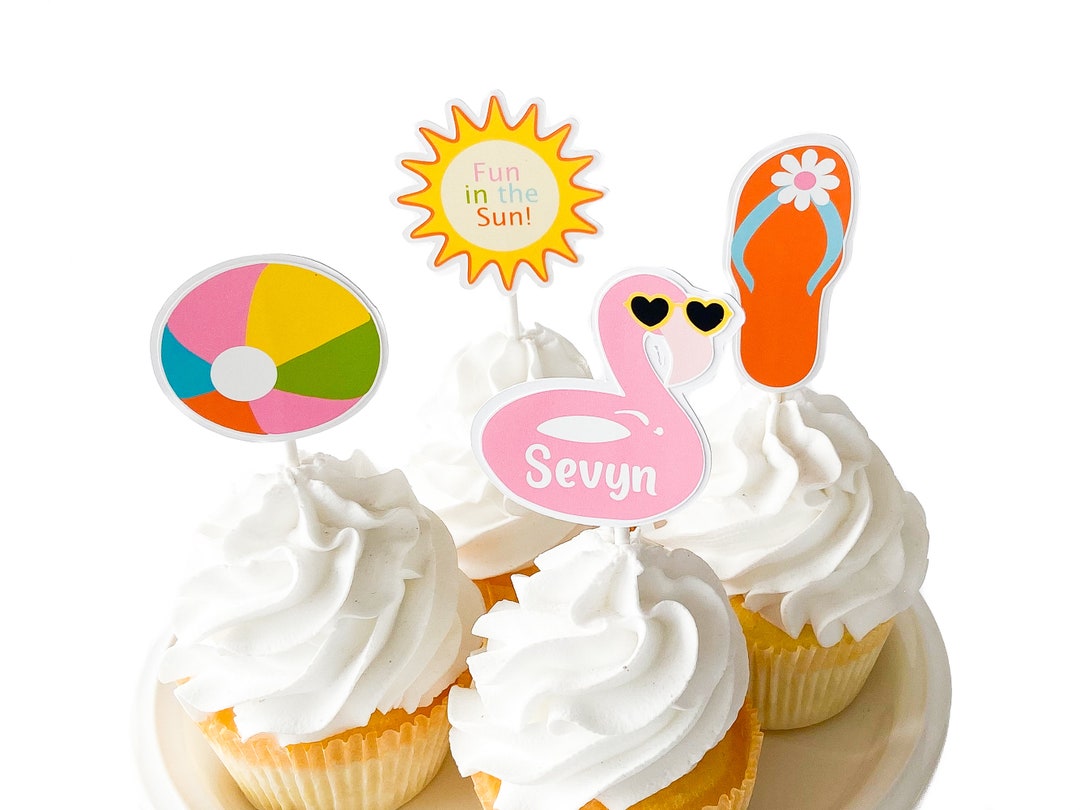 Personalized Pool Party Cupcake Toppers: “fun in the Sun” Summer Theme ...