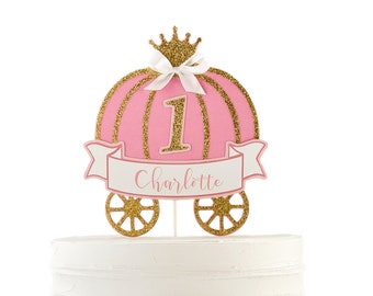 Princess Carriage Cake Topper, Pink and Gold Pumpin Carriage, Personalized with Name and Age,  Princess 1st Birthday, Girl First Birthday