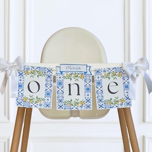 Banner de primer cumpleaños con tema de limón para silla alta, banner de limón amarillo y azul, banner personalizado de primer cumpleaños de niña con azulejos azules y limón