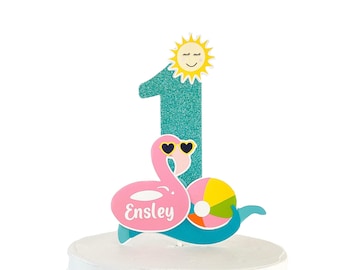 Personalized Pool Party Birthday Cake Topper: Personalized Flamingo and Beach Ball Decorations