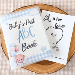 May include: A baby's first ABC book with a blue and white gingham pattern cover. The cover features the text "Baby's First ABC Book" and a teddy bear holding balloons. An open page shows "A is for apple" with an apple illustration.