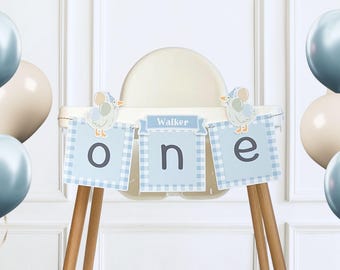 Goose High Chair One Banner, Blue Gingham First Birthday Party Decor
