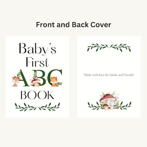 Puede incluir: Un libro ABC para beb&eacute;s con una portada blanca. La portada presenta el texto "Baby's First ABC BOOK" con ilustraciones de zorros y setas. La contraportada dice "Made with love by family and friends!"
