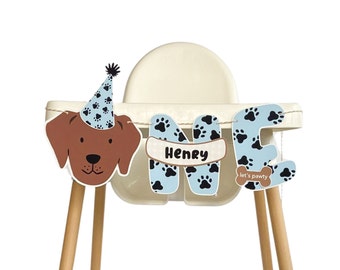 Blue Dog First Birthday High Chair Banner, Personalized With Name