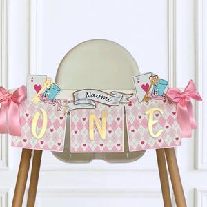 Alice in ONEderland First Birthday Banner, Personalized Wonderland High Chair Decoration, Girl 1st or 2nd  Birthday Pink and Gold Tea Party