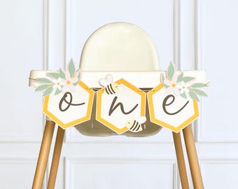 Floral and  Bee High Chair Banner, Queen Bee One Banner, Happy Bee Day 1st or 2nd  Birthday Party Decoration