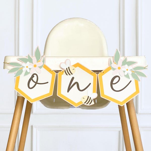 Banner de silla alta con diseño floral y de abejas, banner de Queen Bee One, decoración para fiesta de feliz día de la abeja para el primer o segundo cumpleaños