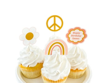 Groovy Cupcake Toppers: Retro Hippie Birthday Decoration - Set of 12