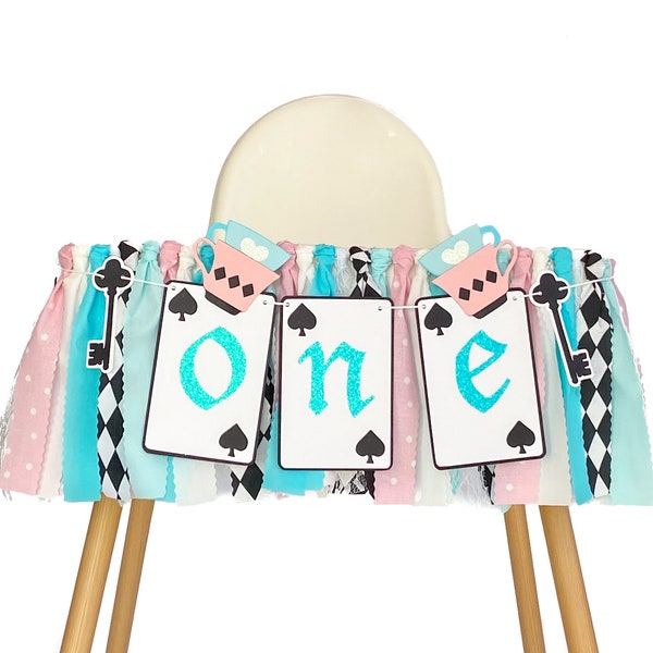 Girl First Birthday High Chair Banner, Alice in Onderland Tea Party Fabric Garland, Wonderland 1st Birthday Party Decorations