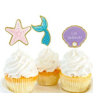Mermaid Cupcake Toppers: Gold Glitter Under the Sea Party Decor - Set of 12