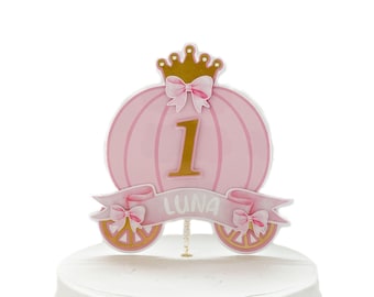 Personalized Princess Pumpkin Carriage Cake Topper, Pink & Gold Birthday Decor
