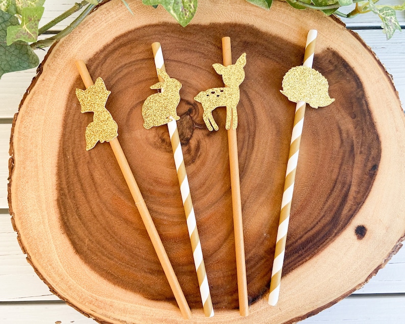 Deer Birthday and Baby Shower Decorations Set of 12 Woodland Animal Gold Glitter Party Straws Fox Straws