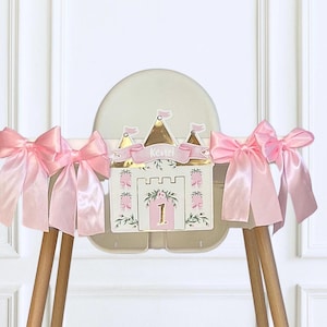 Princess Castle High Chair Banner, Personalized 1st Birthday Pink and Gold Decorations