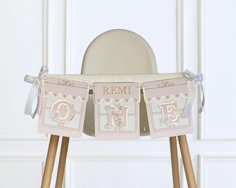 Paris First Birthday Highchair Banner, Personalized French Cafe Theme Party Decor: Pink and Gold