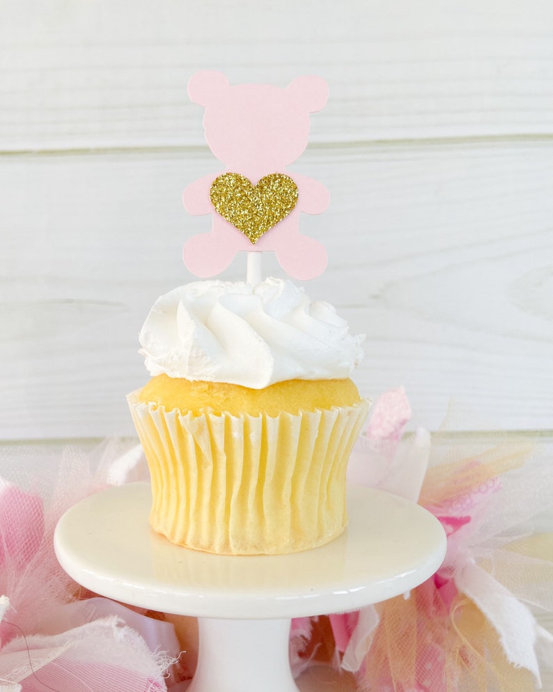Teddy Bear Girl Baby Shower Decorations Pink and Gold Teddy Bear Cupcake Toppers Set of 12 Teddy Bear Picnic 1st Birthday