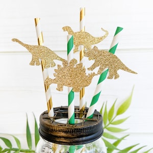 Gold Glitter Dinosaur Party Straws: First Birthday, Baby Shower (Set of 12)