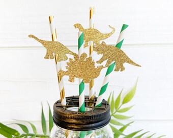 Gold Glitter Dinosaur Party Straws: First Birthday, Baby Shower (Set of 12)