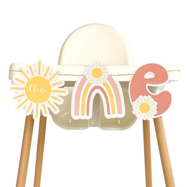 Sun First Birthday Highchair Banner, Personalized with Name, First Trip Around the Sun High Chair Banner, Retro Rainbow 1st Birthday