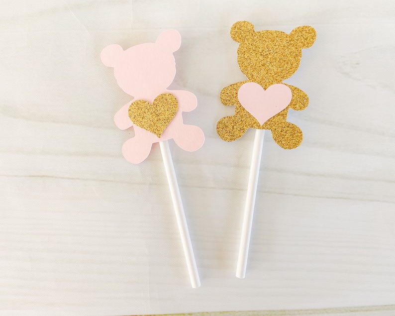 Teddy Bear Girl Baby Shower Decorations Pink and Gold Teddy Bear Cupcake Toppers Set of 12 Teddy Bear Picnic 1st Birthday