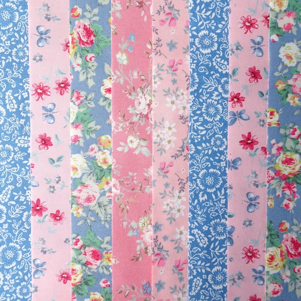 Pink / Blue Floral 10 Jelly Roll Strips 100% Cotton Patchwork Fabric x 22 inch long