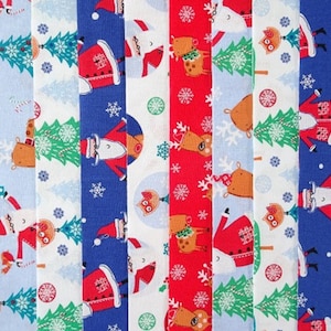 May include: Assortment of fabric strips with a Christmas theme. The strips feature various patterns including reindeer, Santa Claus, snowflakes, and Christmas trees. The fabric is in shades of red, blue, white, and green.