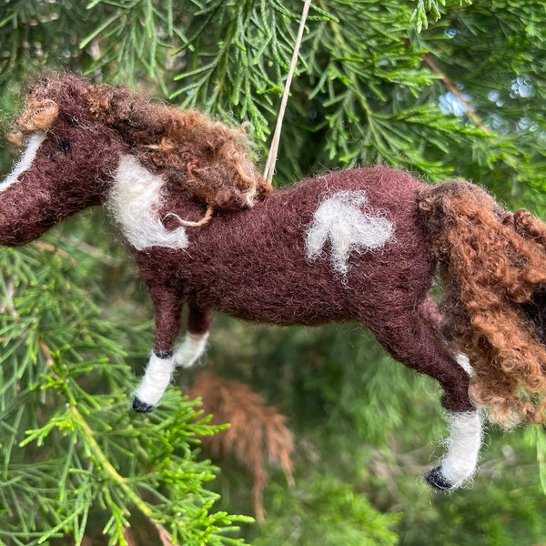 Needle Felted Paint Pony Ornament, Spotted Horse Christmas Decoration, Brown Equestrian Figurine