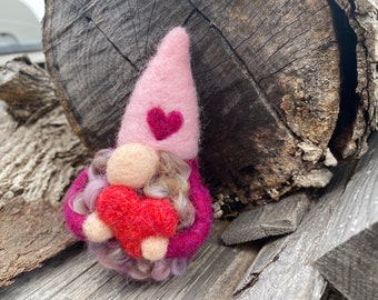 Needle Felted Valentines Gnome, Magenta and Pink Tomte, Felt Heart Decor