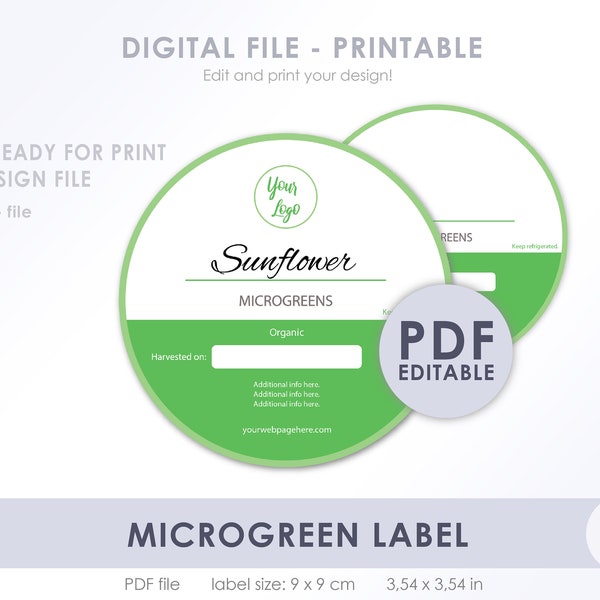 Microgreen label design - Editable label design - PDF - Digital file - Instant download - Circle label design - Ready to print JPG file