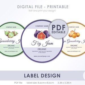 Jam label design - Editable label template - PDF - Digital file - Instant download - Circle label design - Colorful illustrations included