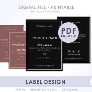 Product label design - Editable template - PDF file - 6x8,5cm - Digital file - Instant download - Black label design - Template