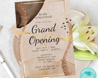 Brown & Gold Grand Opening Invitation Template, DIY Grand Opening Flyer,  New Business Launch Party Invitation, We're Open Invite