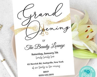 White & Gold Grand Opening Invitation Template, DIY Grand Opening Flyer, New Business Launch Party Invitation, Minimalist We're Open Invite