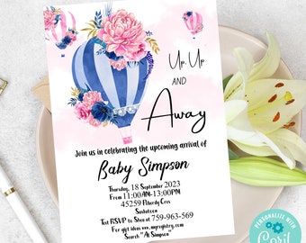 Pink & Blue FLORAL Hot Air Balloon Baby Shower Invitation, Editable Girl Baby Shower Invite, Printable Invitation Template, DIGITAL DOWNLOAD