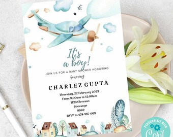 Airplane Baby Shower Invitation Template, Editable Aviation Theme Vintage Airplane, Blue Adventure Boy Baby Shower Up Up and Away Invitation