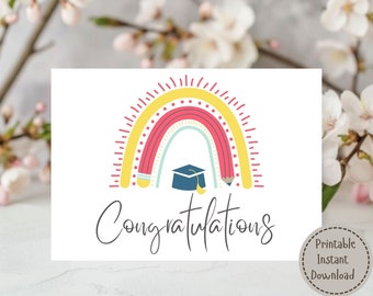 Congratulations Graduate Card for All Occasions, Graduation Cap and Rainbow, Printable Graduation Card for All Ages, DIY Envelope Included