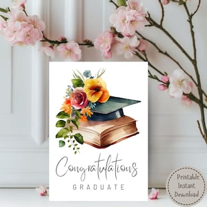 Diplômé de félicitations, carte avec capuchon de remise des diplômes floral, NUMÉRIQUE instantané, carte de remise des diplômes imprimable, enveloppe DIY incluse