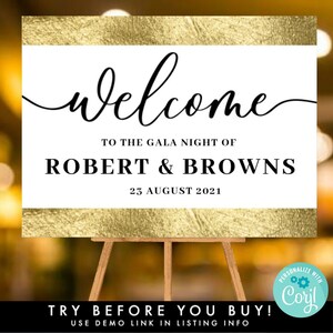 Gala Welcome Sign Template, Printable White&Foil Gold Welcome Display, ANY EVENT Door Entrance Easel Poster, DIY 24X18&quot;|36x24&quot; Party Decor