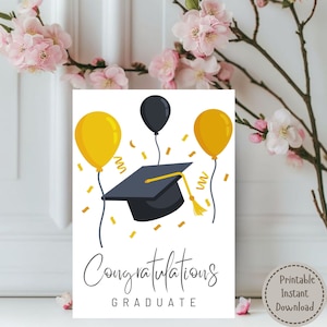 Diplômé de félicitations, carte avec bouchon de remise des diplômes et ballons, NUMÉRIQUE instantané, carte de remise des diplômes imprimable, enveloppe DIY incluse
