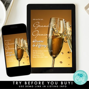 Champagne Grand Opening Invitation Editable Template, DIY Modern Grand Opening Flyer, New Business Launch Invitation, We&#39;re Open Invite