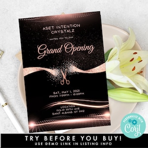 Flyersjabloon Rose goud en zwarte feestelijke opening, uitnodiging feestelijke opening, zwart | Roségouden uitnodiging voor bedrijfslanceringsfeest, we zijn open invite