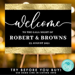 Gala Welcome Sign Template, Printable Black&Foil Gold Welcome Display, ANY EVENT Door Entrance Easel Poster, DIY 24X18&quot;|36x24&quot; Party Decor