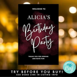 Black & Maroon Red Birthday Welcome Sign Template, Printable Birthday Door Entrance Poster, Birthday DIY 24X36" Party Decor Easel Sign