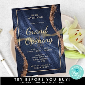 Sjabloon blauwe en gouden feestelijke opening, flyer DIY Grand Opening, uitnodiging nieuw bedrijf lanceringsfeest, uitnodiging We&#39;re Open Invite
